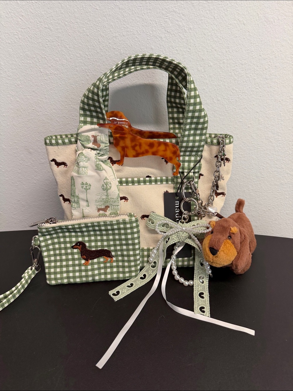 Madden Girl | Green Gingham Dachshund Canvas Tote | Wristlet, Bag Charms & More - Picture 12 of 15